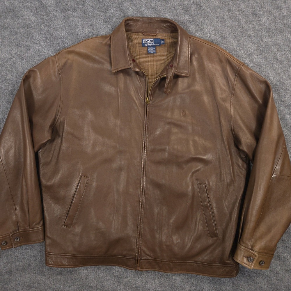 Vintage Polo Ralph Lauren Genuine Leather Jacket Mens XXL Brown Loop Collar